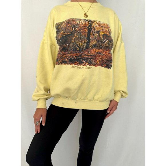 90s vintage yellow nature animal hunting double sided graphic pullover sweater - Picture 2 of 8